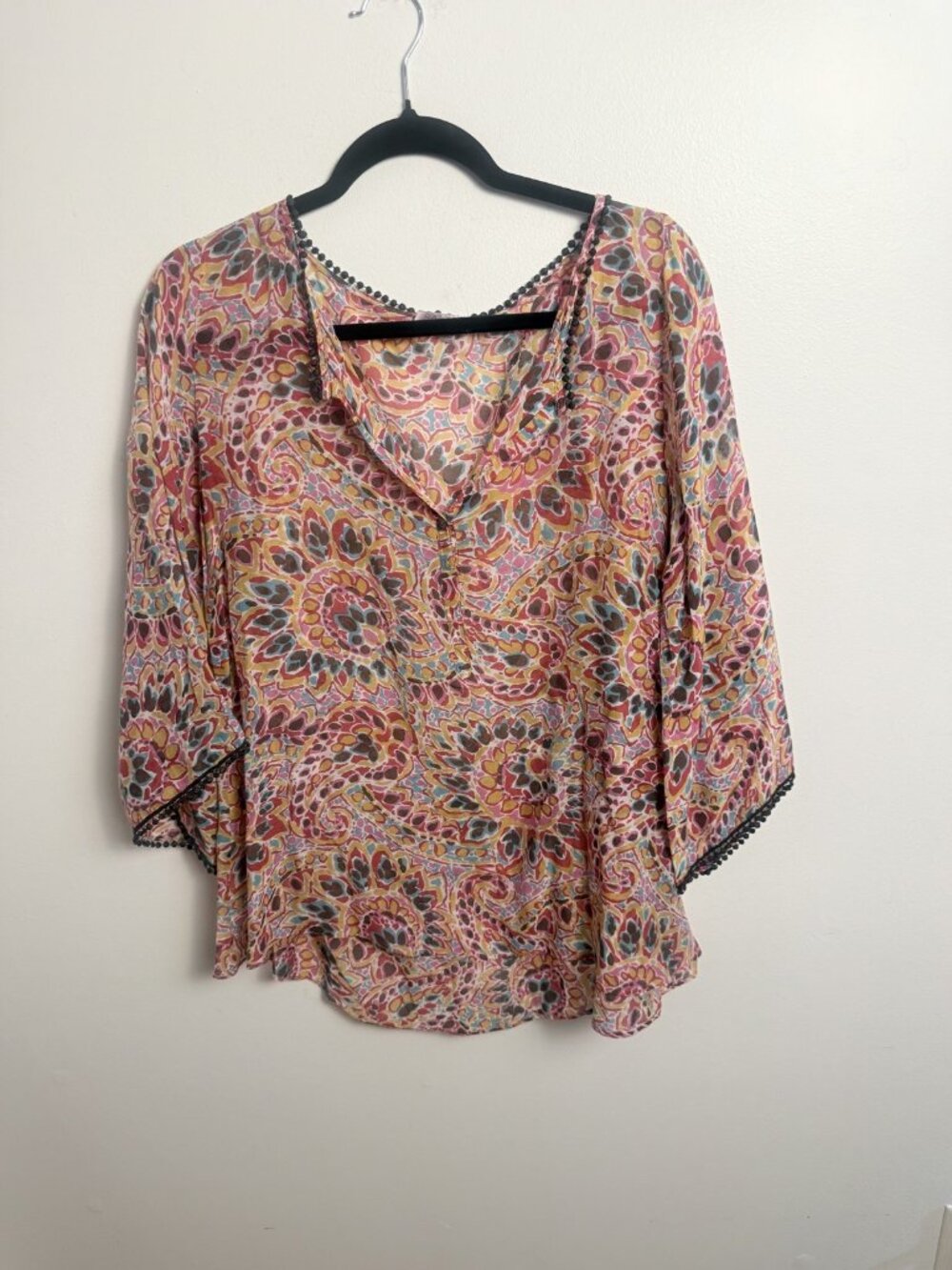 Calypso St. Barth Paisley Tunic Blouse Size S – Cotton Silk, Pom Pom Trim